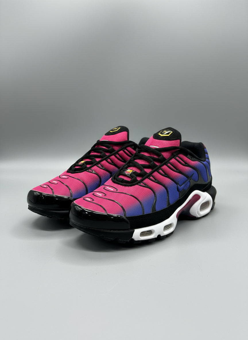 Colorful sneakers on a chair with a store setting in the background